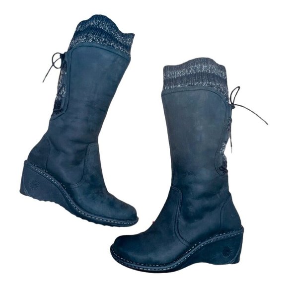 UGG Australia Skylar Wedge Boots Black Leather & Knit Lace/Zip Up Sz 9 2.5" Heel - Picture 5 of 10